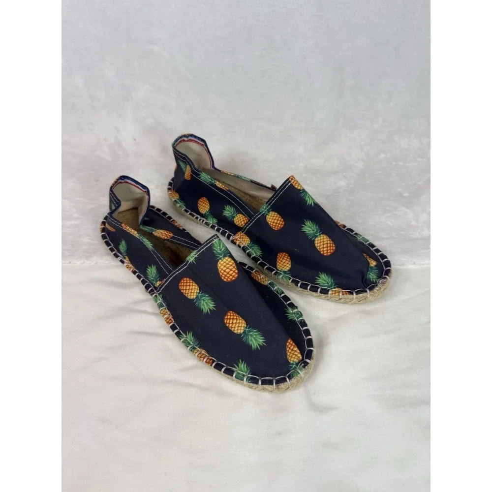 Women's Pineapple Print Espadrille Flats Sz 40 Navy Tropical Summer Beach French